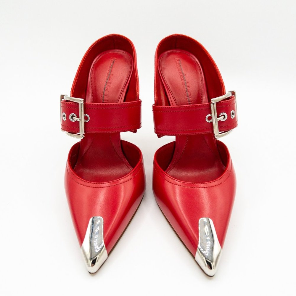 Alexander McQueen Red Leather Buckle Point-Toe Mules (New without box) - Picture 6 of 8